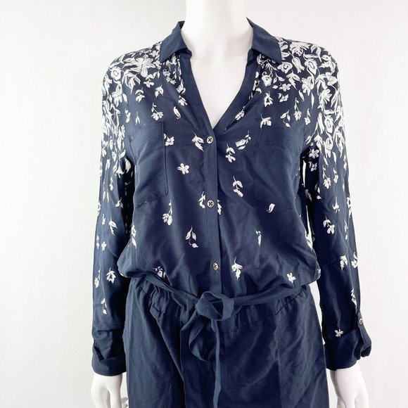 Lilka Anthropologie Size S Navy Blue Floral LAKESHORE Long Sleeve Jumpsuit - Picture 3 of 5